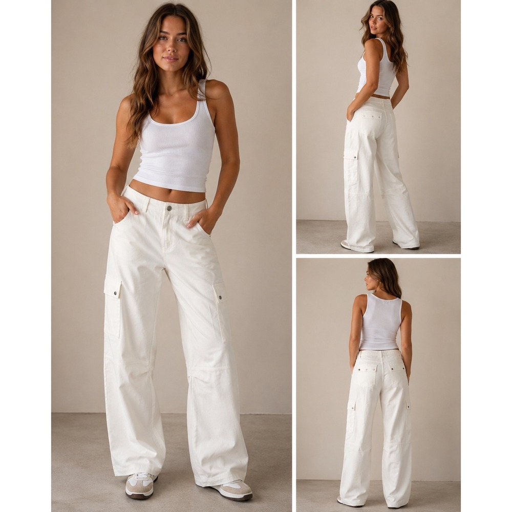 Princess Polly White Wide Leg Cargo Pants High Waisted Utility Trousers Size 4